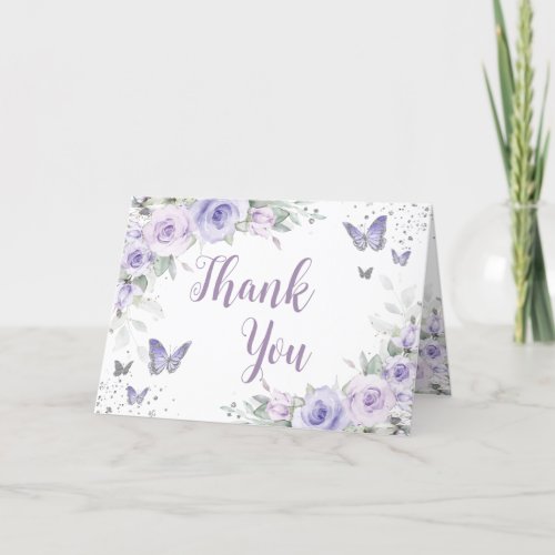Soft Purple Floral Butterflies Silver Quinceaera Thank You Card