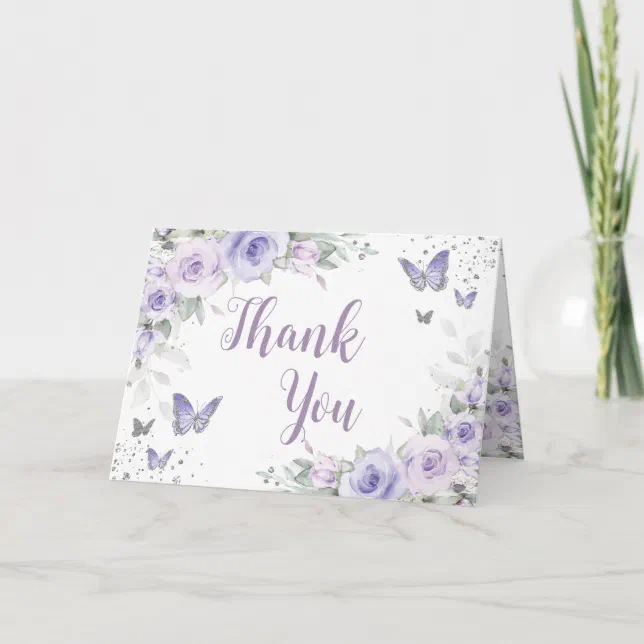 Soft Purple Floral Butterflies Silver Quinceañera Thank You Card | Zazzle