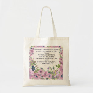 Soft Purple Floral Christian Bible Verse Tote Bag