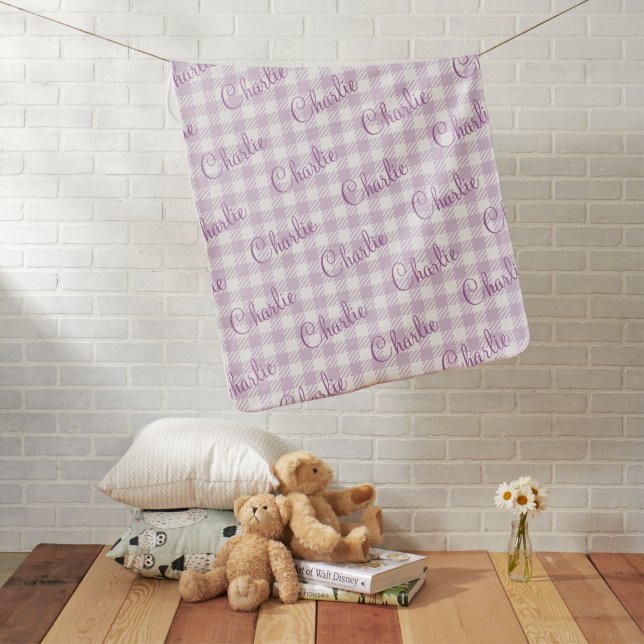 Soft Purple Gingham Check Girl Personalized Name Baby Blanket (In Situ)