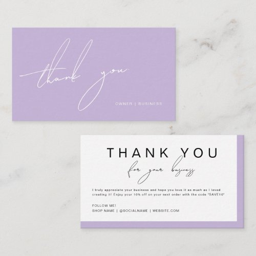 Soft Purple Handwritten Script Thank You Discount Business Card