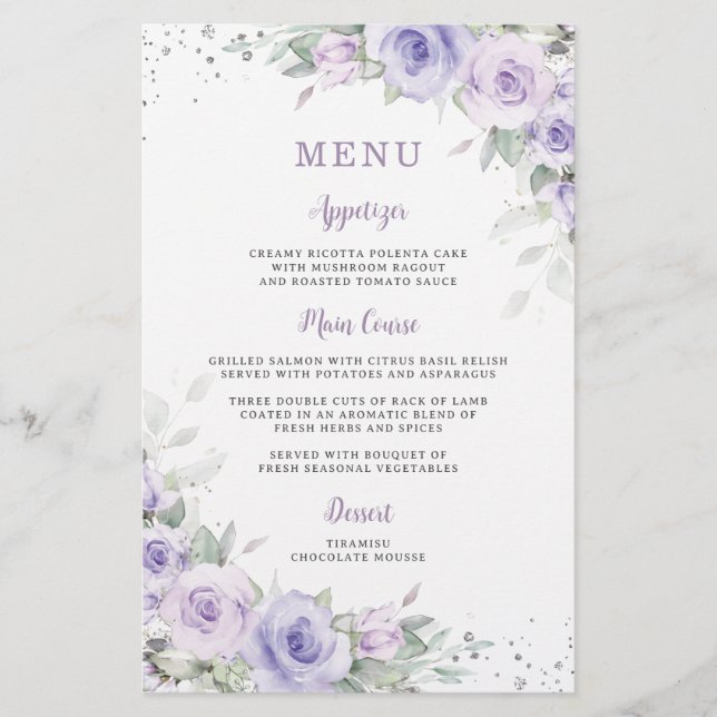 Soft Purple Lavender Floral Greenery Menu Sheet (Front)