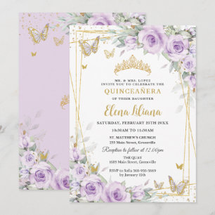 Soft Purple Lilac Roses Floral Gold Quinceañera XV Invitation