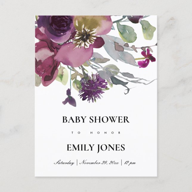SOFT PURPLE LILAC WATERCOLOR FLORAL BABY SHOWER INVITATION POSTCARD (Front)