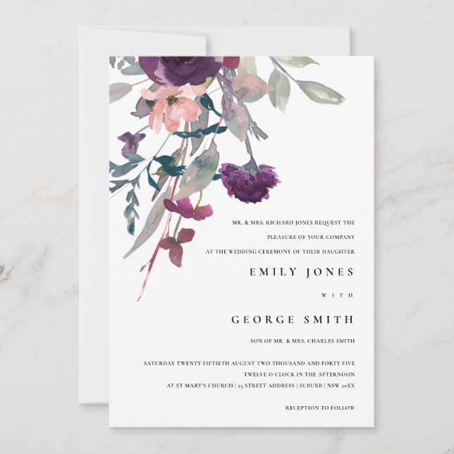 SOFT PURPLE LILAC WATERCOLOR FLORAL WEDDING INVITE (Front)