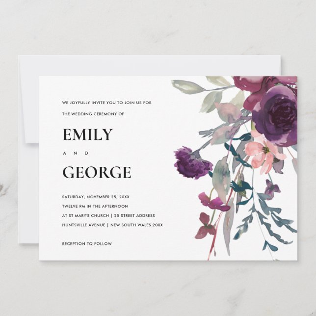 SOFT PURPLE LILAC WATERCOLOR FLORAL WEDDING INVITE (Front)