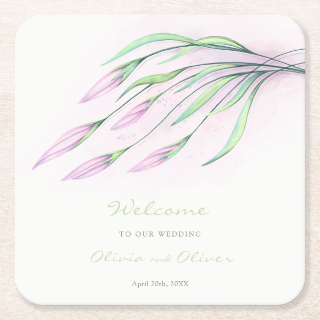 Soft Purple Lilies Wedding Welcome Square Paper Coaster (Front)