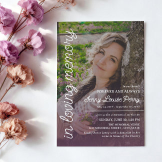 Soft Purple Memorial Large Photo White Text Invitation