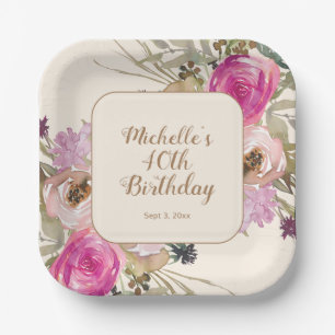 Soft Purple Pink Watercolor Floral 40th Birthday Paper Plates