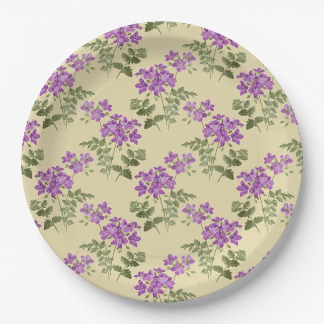 Soft Purple Violet Pattern on Pale Antique Yellow Paper Plates (Front)