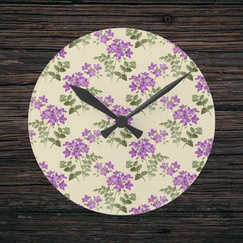 Soft Purple Violet Pattern on Pale Antique Yellow Round Clock