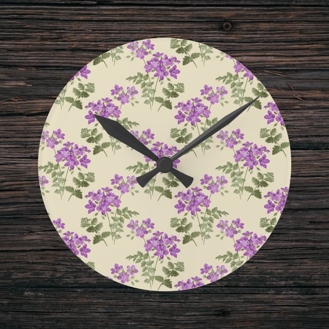 Soft Purple Violet Pattern on Pale Antique Yellow Round Clock (Creator Uploaded)