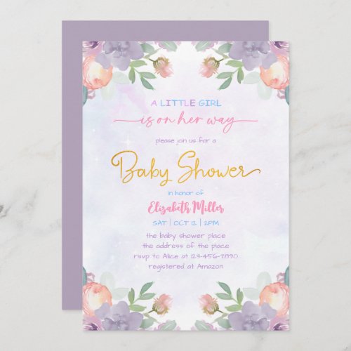 Soft Purple Watercolor Floral Baby Girl Shower Invitation