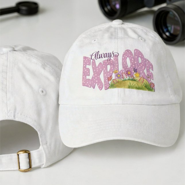 Soft Purple Whimsical Garden Explore Hat (Hand‑drawn adventure style, purple watercolor garden with butterflies, bold and playful.)
