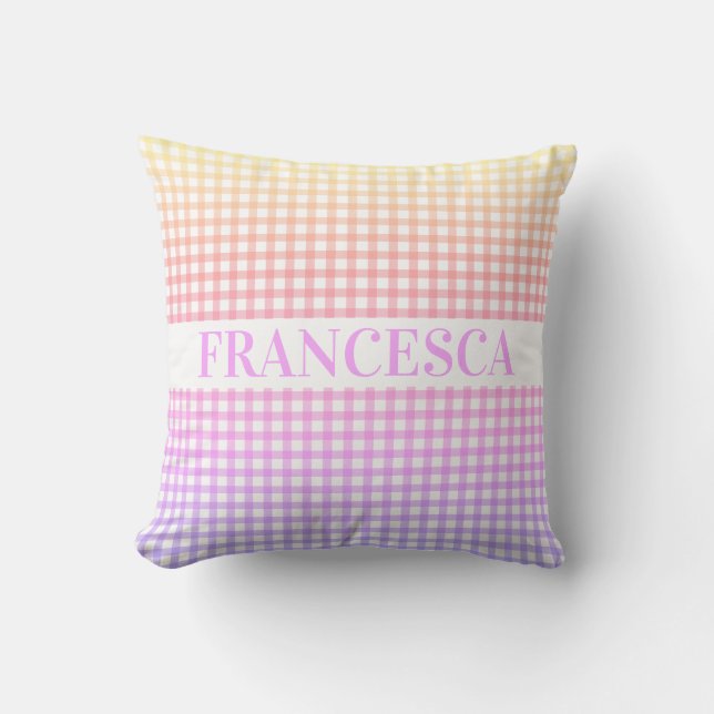 Soft Rainbow Gradient Gingham Personalized Throw Pillow (Front)