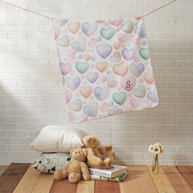 Soft Rainbow Hearts Monogram Baby Blanket (In Situ)