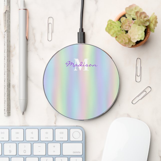 Soft Rainbow Holographic Waves Monogram Wireless Charger (Desk)
