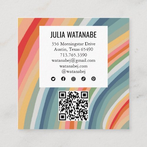 Soft Rainbow Minimalist Stripes QR Social Media Square Business Card