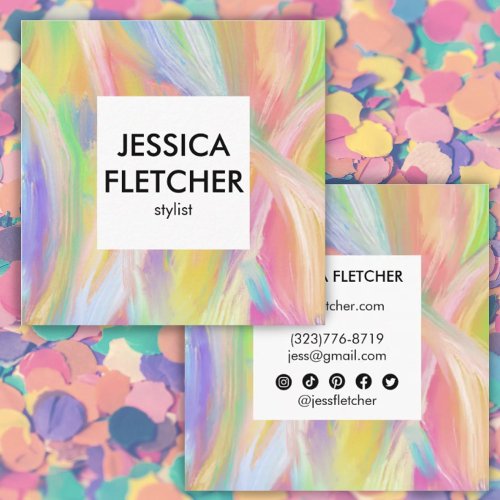 Soft Rainbow Oil Painting Social Icons Minimalist  Square Business Card
