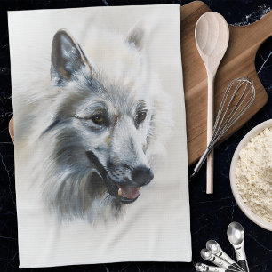 Soft Realistic Majestic White Wolf Portrait Kitchen Towel