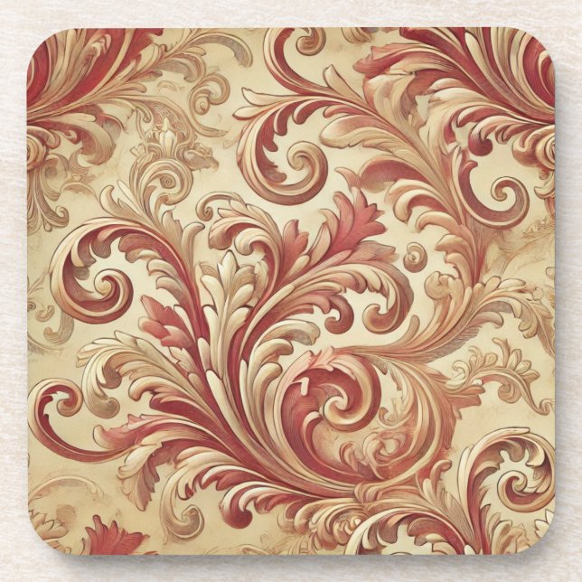 Soft Red and Gold Damask Pattern Beverage Coaster (Front)