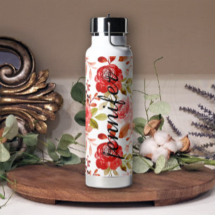 Soft Red Blush Pretty Floral Add Name Water Bottle