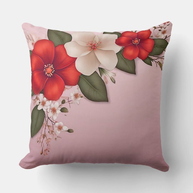 🌸 Soft Red White Floral Pattern Pink Aesthetic Throw Pillow (Front)