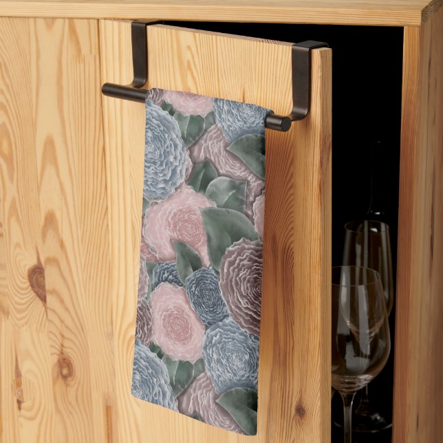 Soft Romance Peony Pattern - Muted Pink and Blues Kitchen Towel (Thirds Fold)