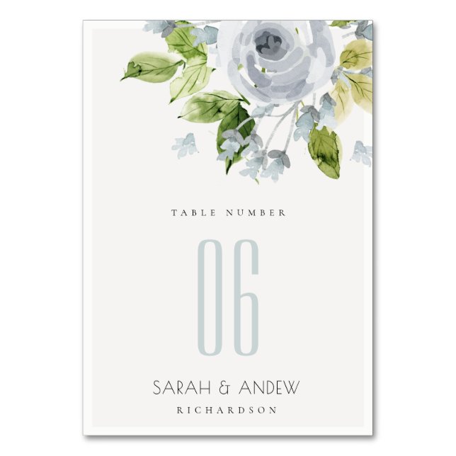 SOFT ROMANTIC AQUA BLUE  WATERCOLOUR FLORAL TABLE NUMBER (Front)