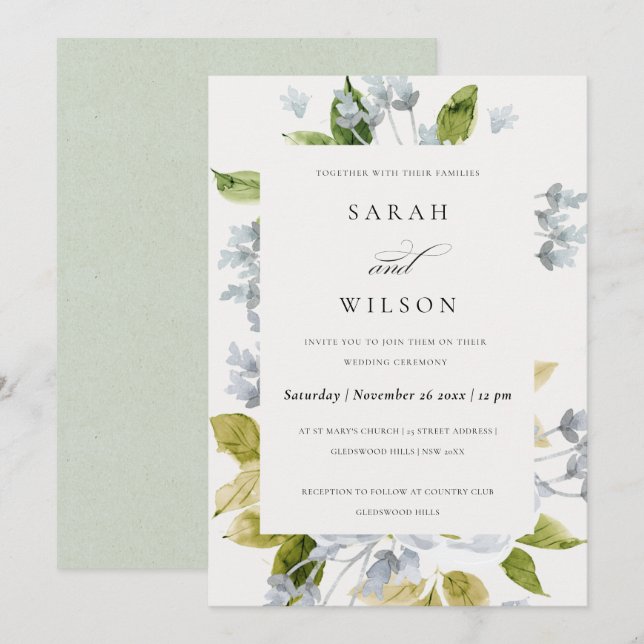 SOFT ROMANTIC BABY BLUE WATERCOLOR FLORAL WEDDING INVITATION (Front/Back)