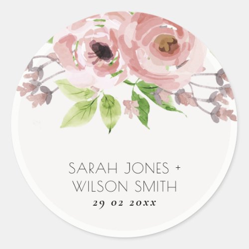 SOFT ROMANTIC BLUSH PINK WATERCOLOR FLORAL CLASSIC ROUND STICKER