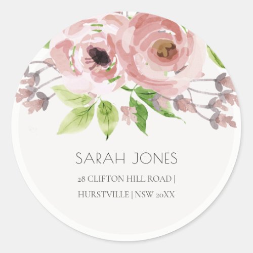 SOFT ROMANTIC BLUSH PINK WATERCOLOR FLORAL CLASSIC ROUND STICKER