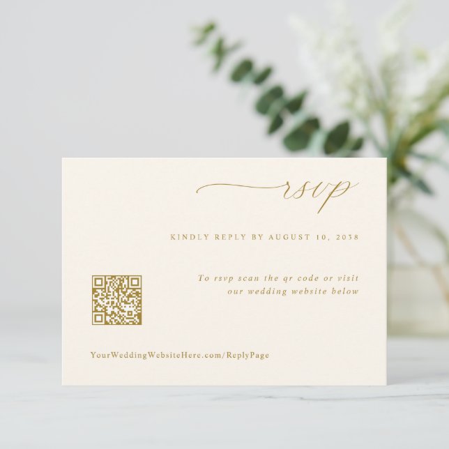 Soft Romantic Cream and Gold Wedding QR Code RSVP Card (Standing Front)