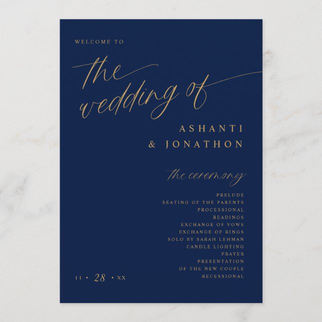 Soft Romantic Dark Navy Blue and Gold Wedding Program (Front)
