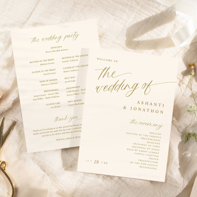 Soft Romantic Gold and Light Ivory Wedding Program (Soft Romantic Script Gold and Ivory Cream Wedding Programs - 5x7 Wedding Programs)