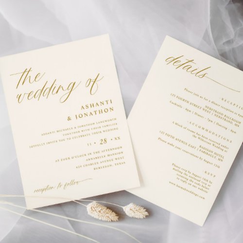 Soft Romantic Gold Ivory All in One Wedding Invitation