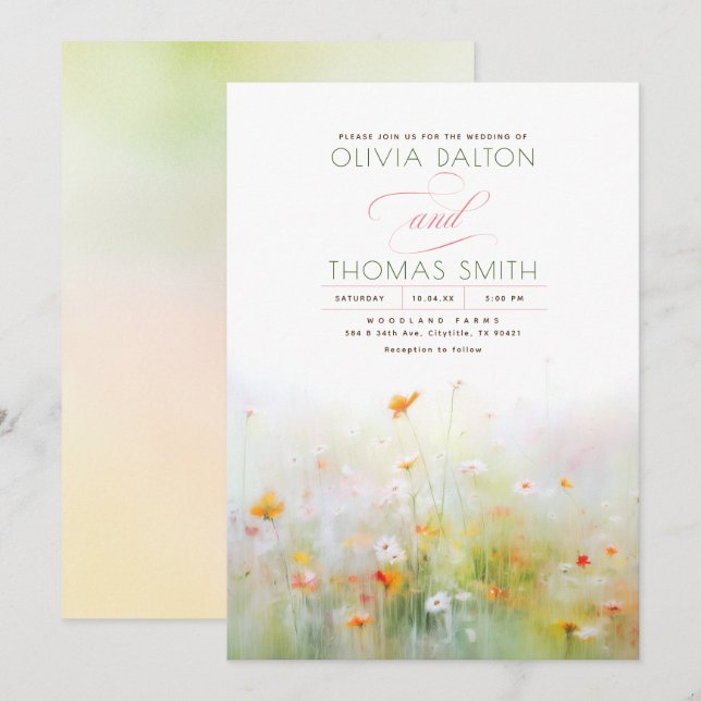 Soft Romantic Meadow Wildflowers Summer Wedding Invitation (Front/Back)