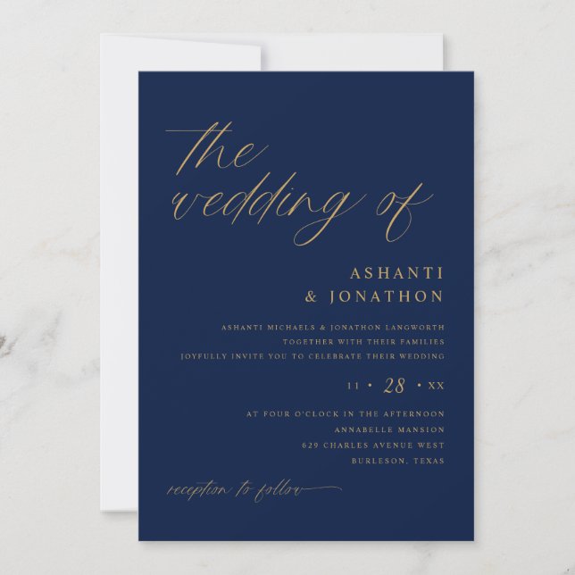 Soft Romantic Navy and Gold All in One Wedding Invitation (Front)