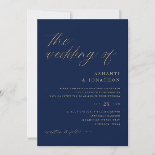 Soft Romantic Navy and Gold All in One Wedding Invitation