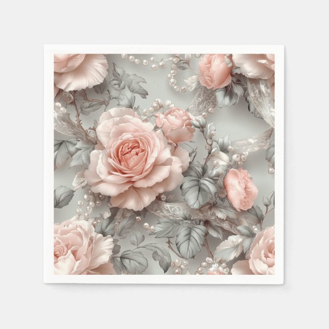 Soft Romantic Pearl and Lace Botanical Napkins (Front)
