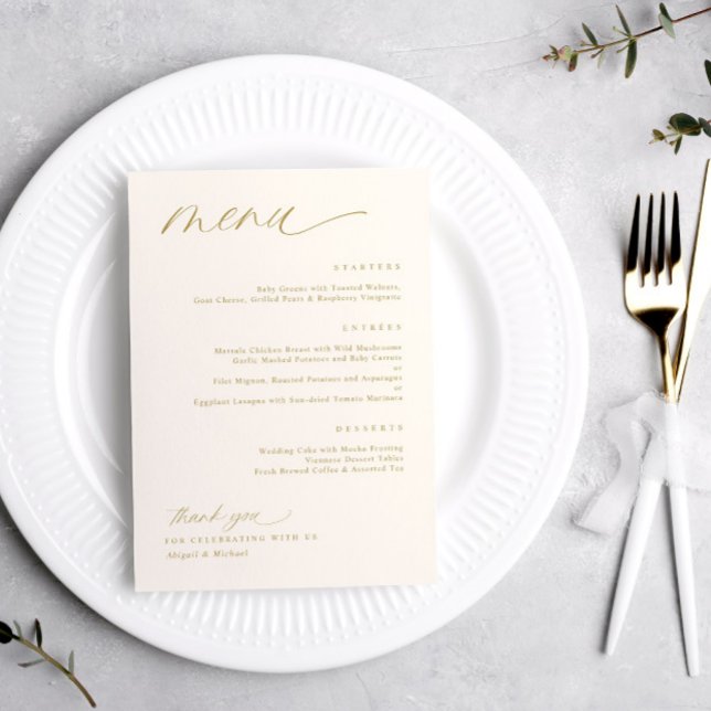 Soft Romantic Script Cream Gold Wedding Menus (Soft Romantic Gold and Cream Wedding Menus)
