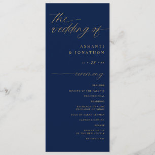 Soft Romantic Script Navy Blue and Gold Wedding Program
