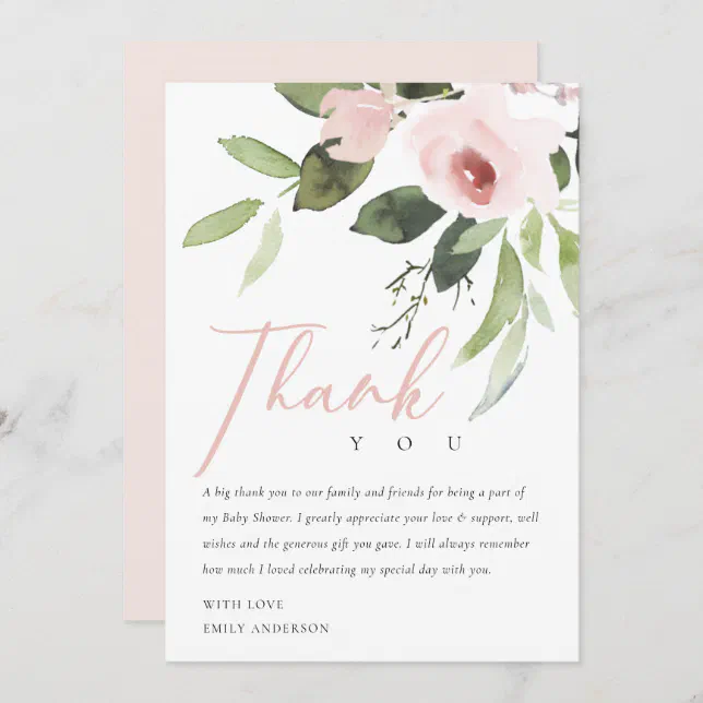 SOFT ROSE BLUSH PINK FLORAL BABY SHOWER THANK YOU INVITATION | Zazzle