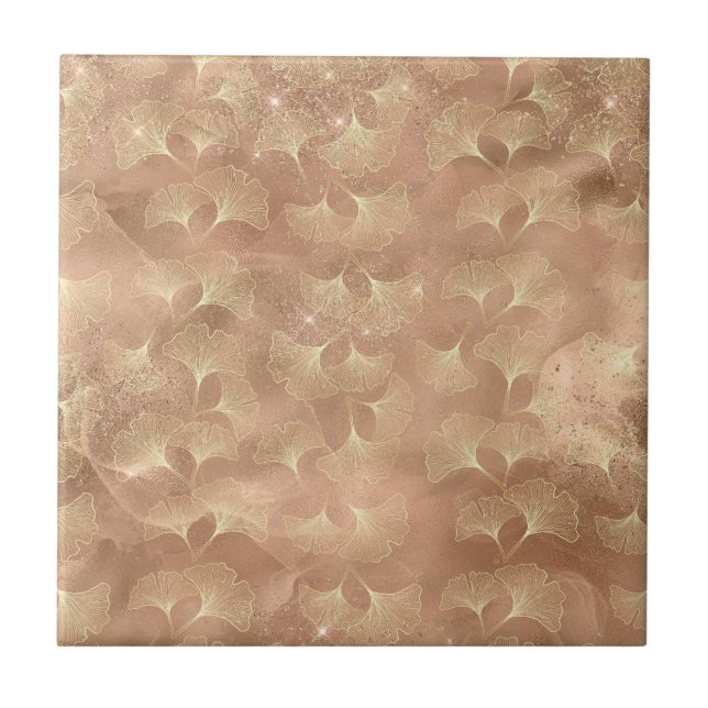 Soft Rose Ginkgo Botanical Gold Leaf Pattern Ceramic Tile (Front)