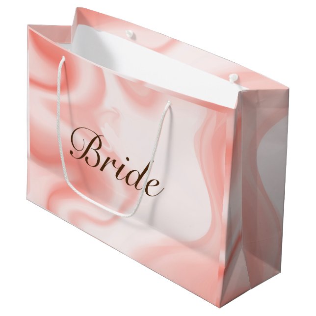 Soft rose-gold marble swirls, Text Bride Large Gift Bag (Front Angled)