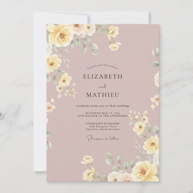 Soft Rose Pale Yellow Floral Wedding Invitation (Front)