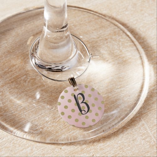 Soft Rose Pink Gold Glitter Glam Polka Dots Custom Wine Charm