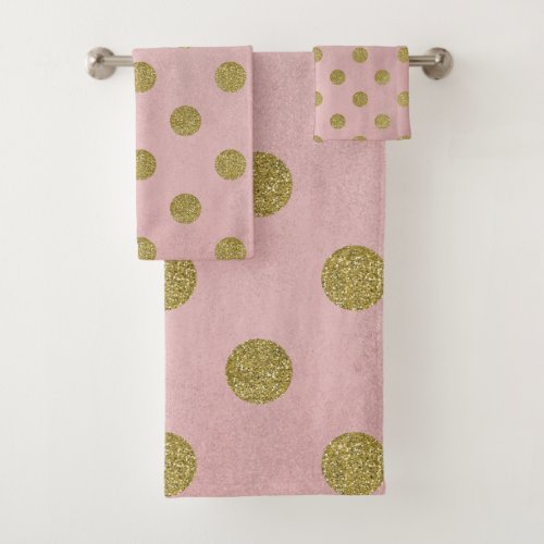Soft Rose Pink Gold Glitter Glam Polka Dots Cute Bath Towel Set