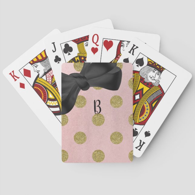 Soft Rose Pink Gold Glitter Glam Polka Dots Cute Poker Cards (Back)