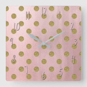 Soft Rose Pink Gold Glitter Glam Polka Dots Cute Square Wall Clock